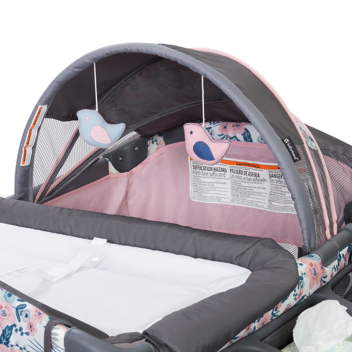 Baby Trend Deluxe II Nursery Center Playard canopy with two hanging toys