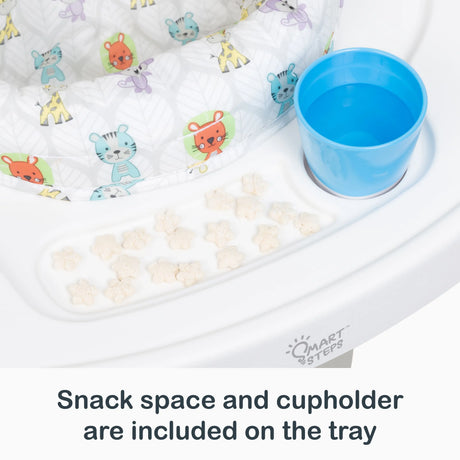 Snack space and cup holder are included on the tray of the Smart Steps 3-in-1 Bounce N’ Play Activity Center PLUS
