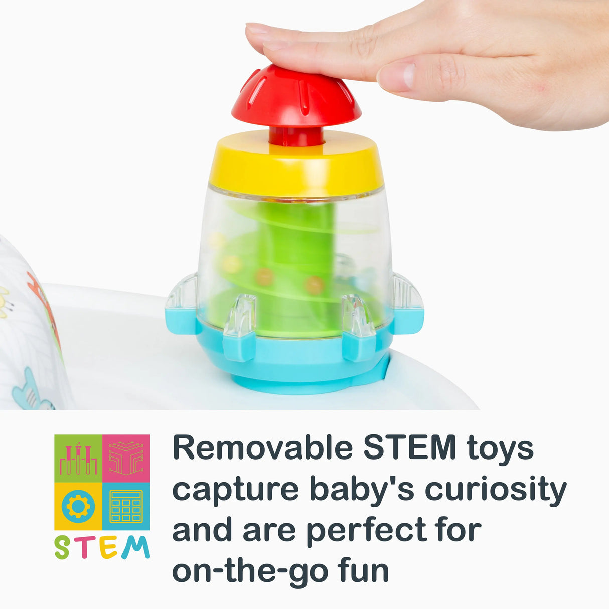 Smart Steps 3-in-1 Bounce N’ Play Activity Center PLUS removable STEM toys capture baby's curiosity and are perfect for on the go fun