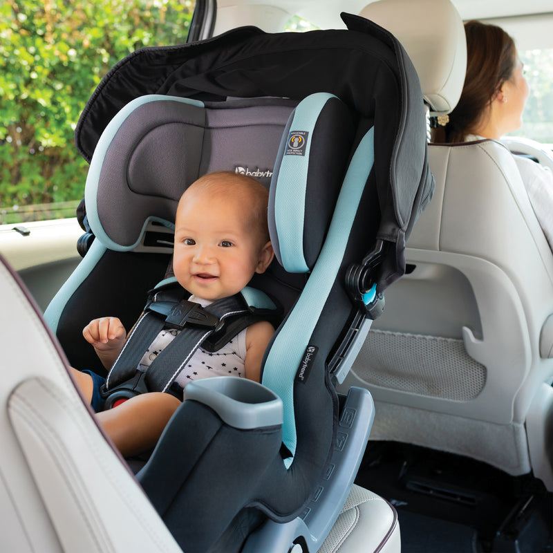 Baby Trend Cover Me 4-in-1 Convertible Car Seat in Desert Blue rear facing infant position
