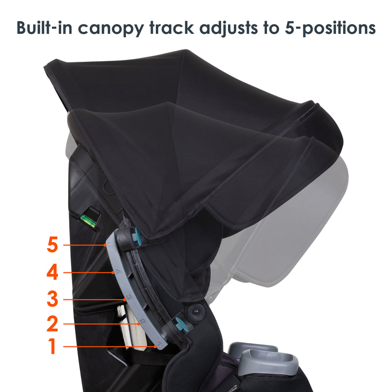 Baby Trend Cover Me 4-in-1 Convertible Car Seat has built in canopy track that adjust to 5 positions
