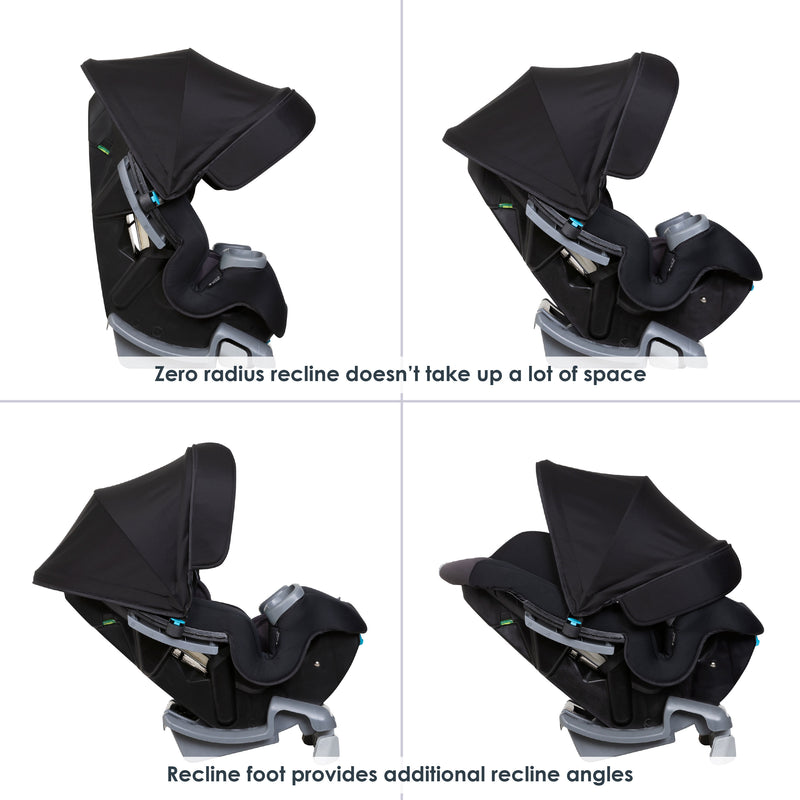 Baby Trend Cover Me 4-in-1 Convertible Car Seat has recline and recline flip foot for the child perfect seating angle