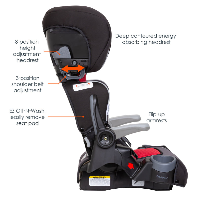 Baby Trend PROtect 2-in-1 Folding Booster Car Seat with deep contoured headrest, shoulder belt position, height adjustment, and ez off-n-wash seat pad