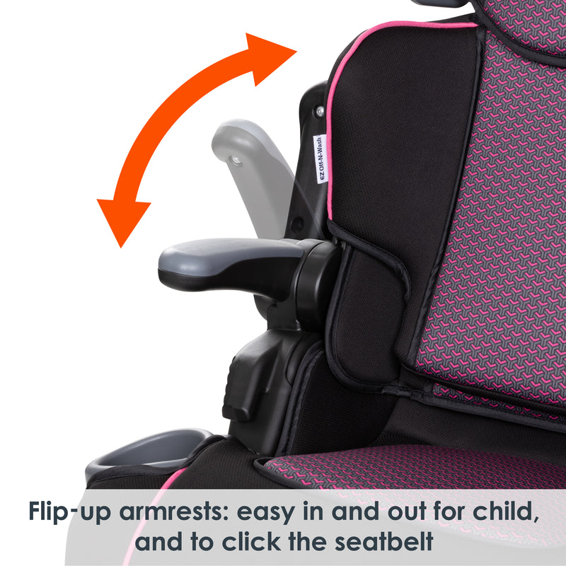 Baby Trend booster seat flip-up armrests: easy in and out for child, and to click the seatbelt  