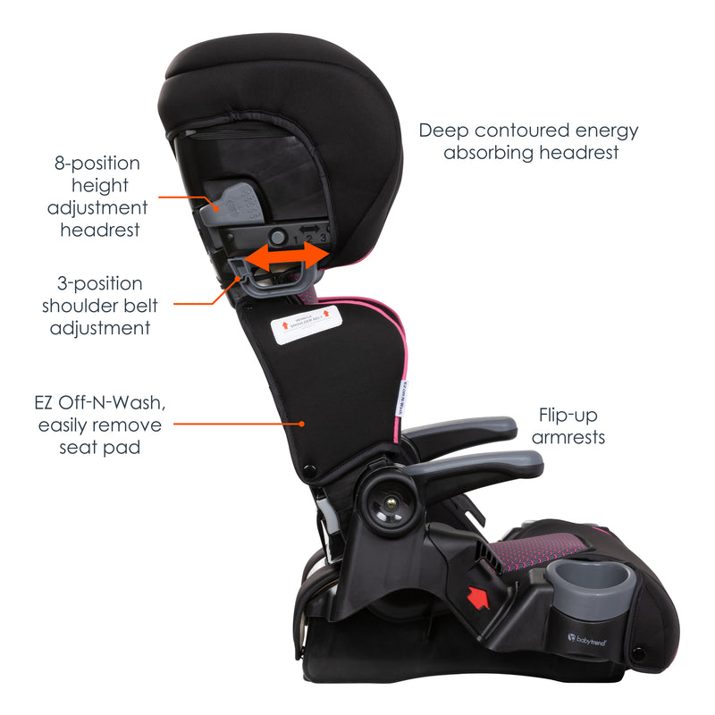 Baby Trend PROtect 2-in-1 Folding Booster Seat side view descriptions
