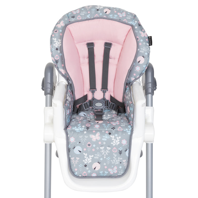 Front view of the safety harness and seat padding of the Baby Trend Sit-Right 3-in-1 High Chair
