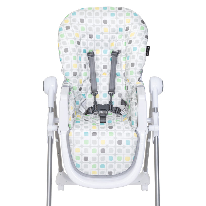 Front view of the 5-point safety harness of the Baby Trend Aspen LX High Chair