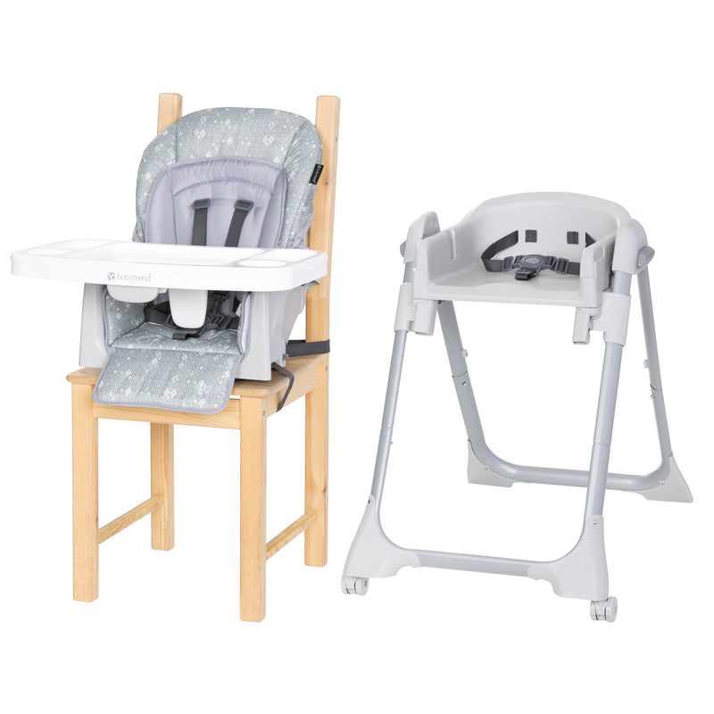 Sibling mode with infant seat on dining chair and booster toddler mode from the Baby Trend Everlast 7-in-1 High Chair