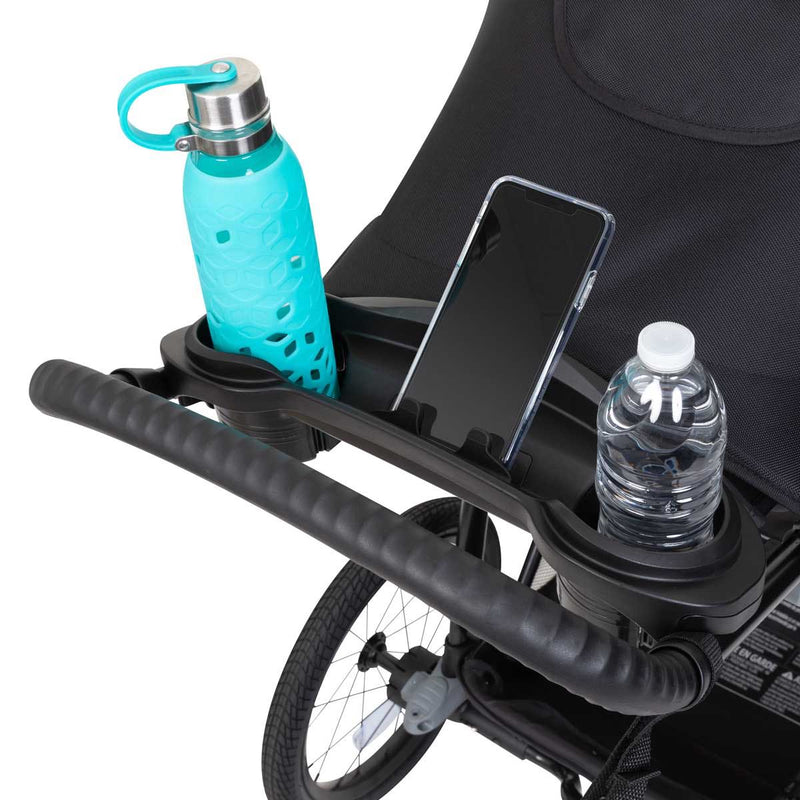Parent console with cell phone holder and two cup holders on the Baby Trend Expedition Race Tec Jogger