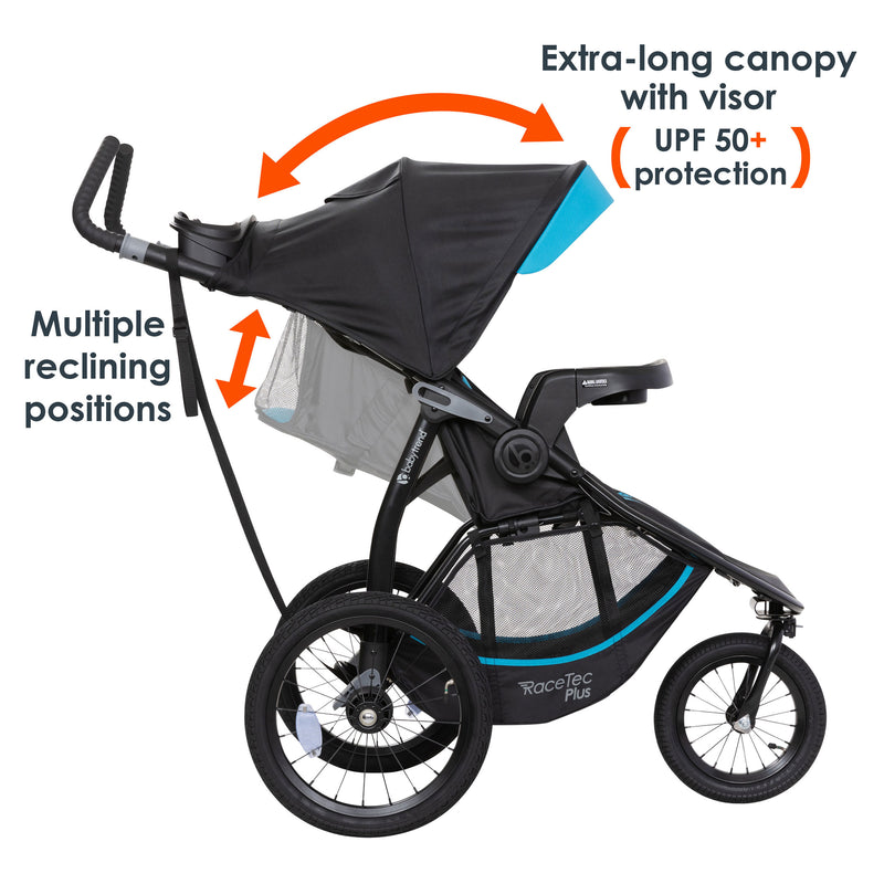 Baby Trend Expedition Race Tec Plus Jogger Stroller has multiple reclining seat and extra long canopy with visor, UPF 50+ protection