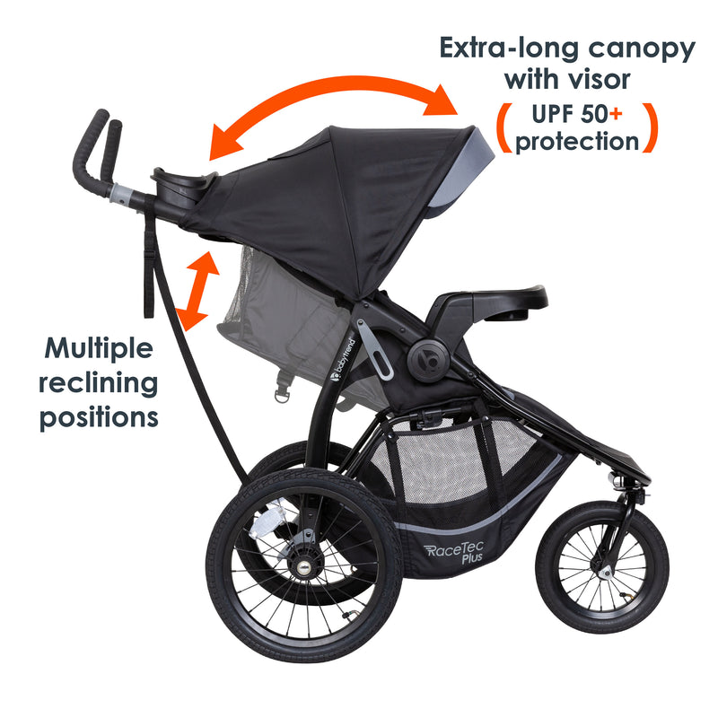 Baby Trend Expedition Race Tec Plus Jogger Stroller has extra long canopy with visor, UPF 50+ protection, and multiple reclining positions