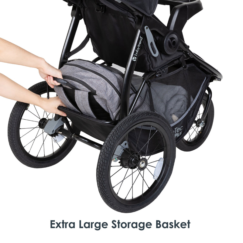 Baby Trend Expedition Race Tec Plus Jogger Stroller includes rear access extra large storage basket