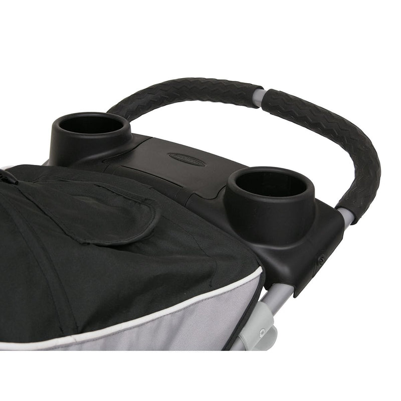 Parent console with storage compartment and two cup holders on the Baby Trend Expedition Jogger Stroller