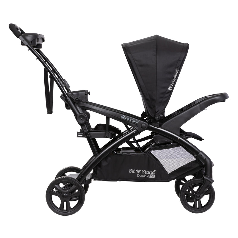 Side view of the Baby Trend Sit N' Stand Double 2.0 Stroller with rear seat as a jump seat or stand on platform