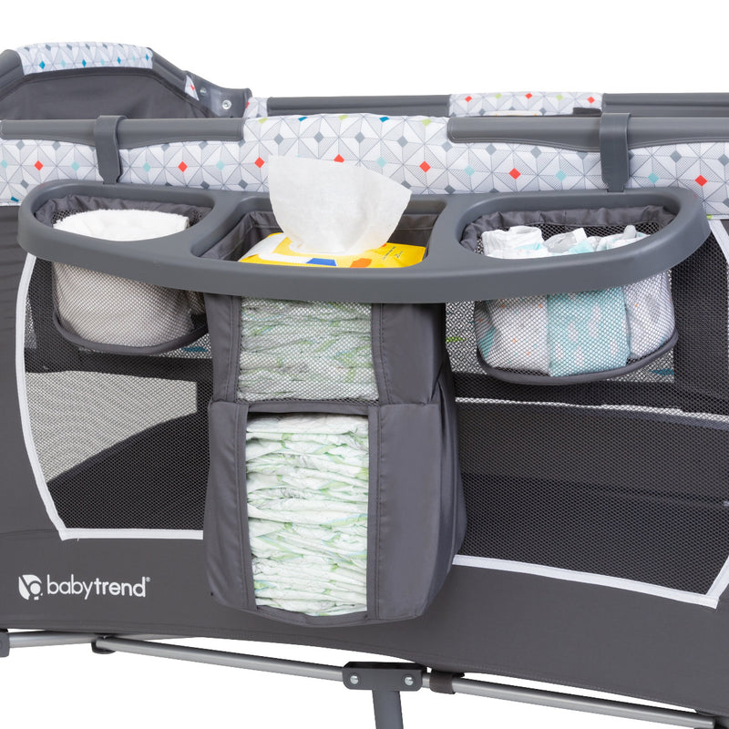 Parent deluxe organizer for diapers and accessories included with the Lil Snooze Deluxe Nursery Center Playard