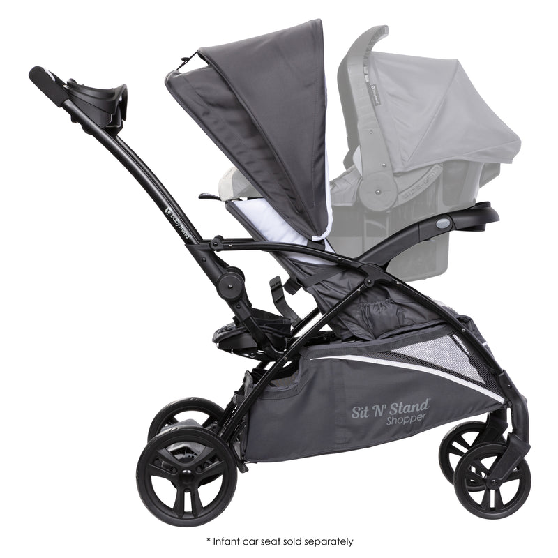 Combine with a infant car seat to create a travel system with the Baby Trend Sit N Stand 5-in-1 Shopper Stroller