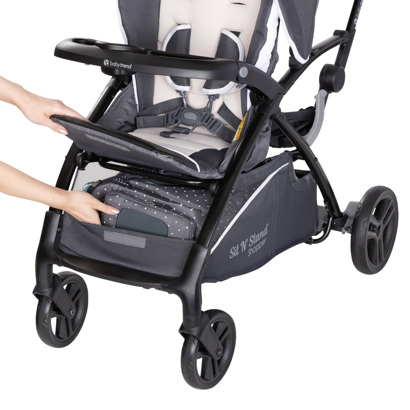 Extra large storage basket with front access from the Baby Trend Sit N Stand 5-in-1 Shopper Stroller
