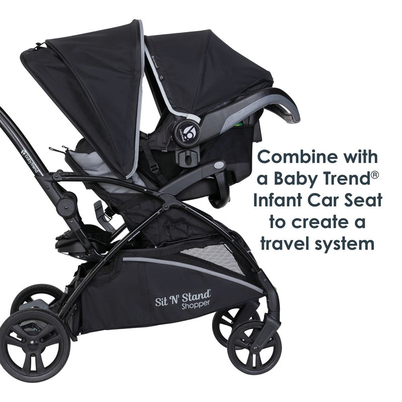 Baby Trend Sit N Stand 5-in-1 Shopper Stroller combine with a Baby Trend infant car seat to create a travel system