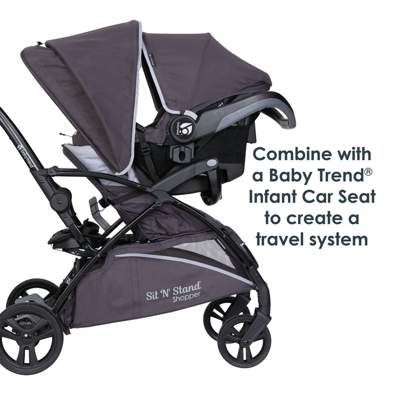 Baby Trend Sit N Stand 5-in-1 Shopper Stroller combine with a Baby Trend infant car seat to create a travel system