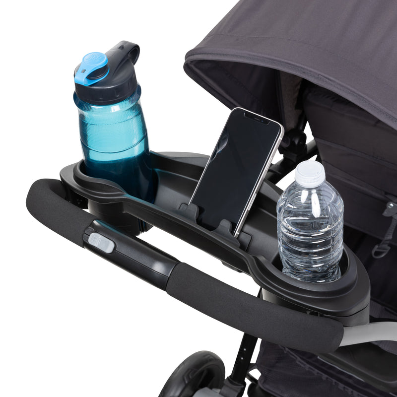 Baby Trend Sit N' Stand 2.0 stroller with parent tray, two cup holders, and cell phone holder