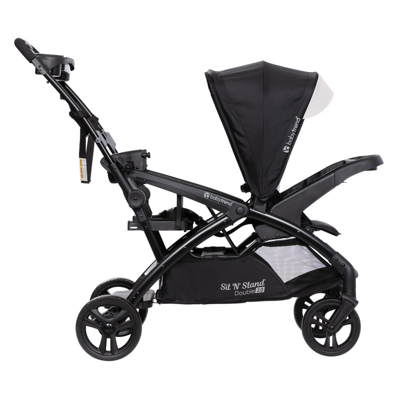 Side view of the Baby Trend Sit N' Stand Double 2.0 Stroller with the rear seat as stand on platform or jump seat