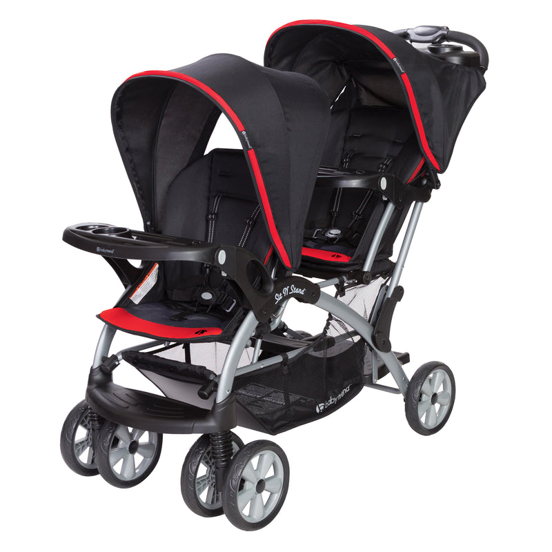 Baby Trend Sit N' Stand Double Stroller for two children or twins in red and black