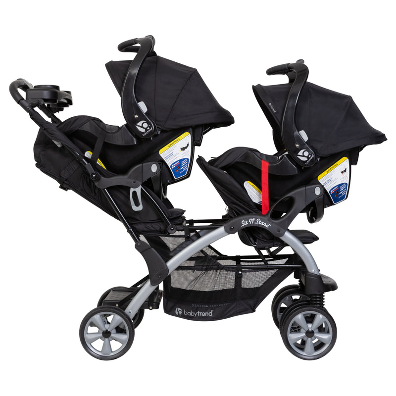 Baby Trend Sit N' Stand Double Stroller can be combined with infant car seats on both child seats