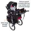 Load image into gallery viewer, Baby Trend Pathway 35 Jogging Stroller Travel System with deluxe parent console with two cup holders and covered storage, and extra large storage basket