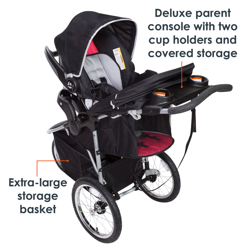 Baby Trend Pathway 35 Jogging Stroller Travel System with deluxe parent console with two cup holders and covered storage, and extra large storage basket