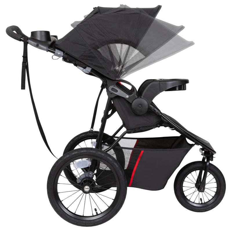 Side view of the adjustable child canopy on the Baby Trend Pro Steer Jogger Stroller Travel System