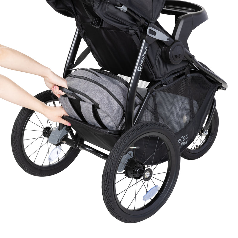 Baby Trend Expedition Race Tec PLUS Jogger Travel System has extra large storage basket with rear access