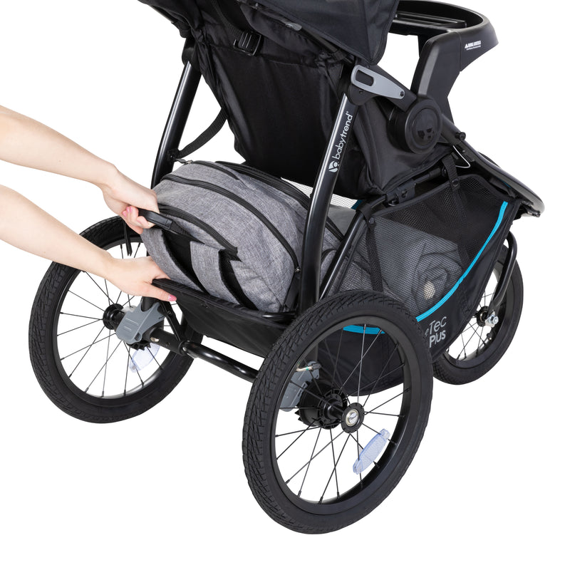 Baby Trend Expedition Race Tec PLUS Jogger Travel System has extra large storage basket with rear access