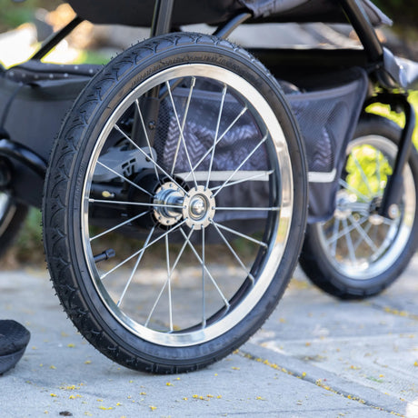 All-terrain spoke wheels on the Baby Trend Expedition Jogger Stroller Travel System