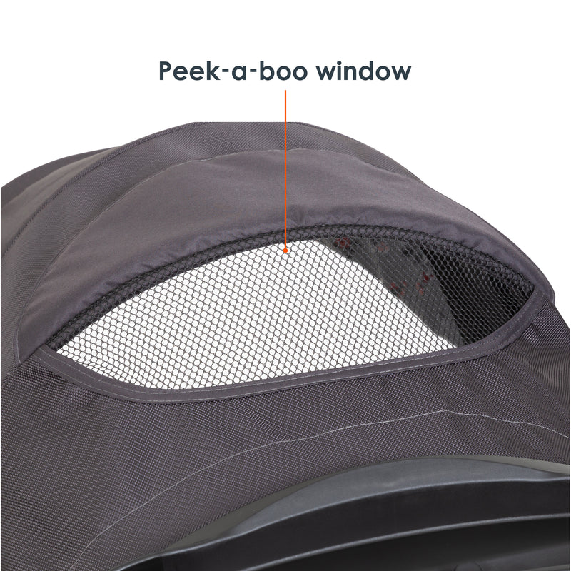 MUV by Baby Trend Tango Pro Stroller Travel System has canopy with peek-a-boo window
