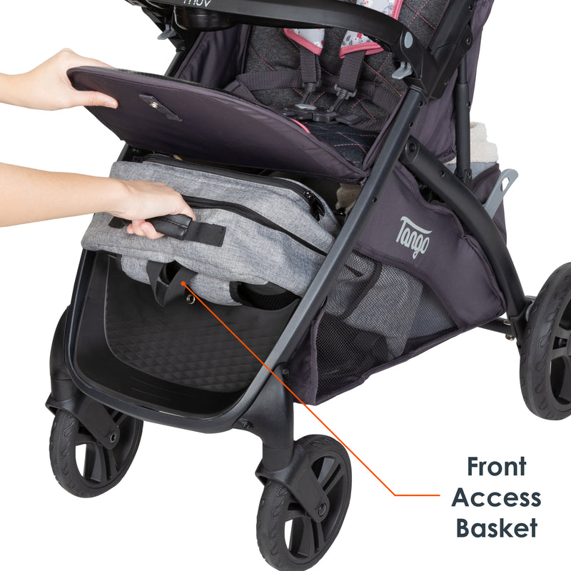 MUV by Baby Trend Tango Pro Stroller Travel System has extra large storage basket with front access