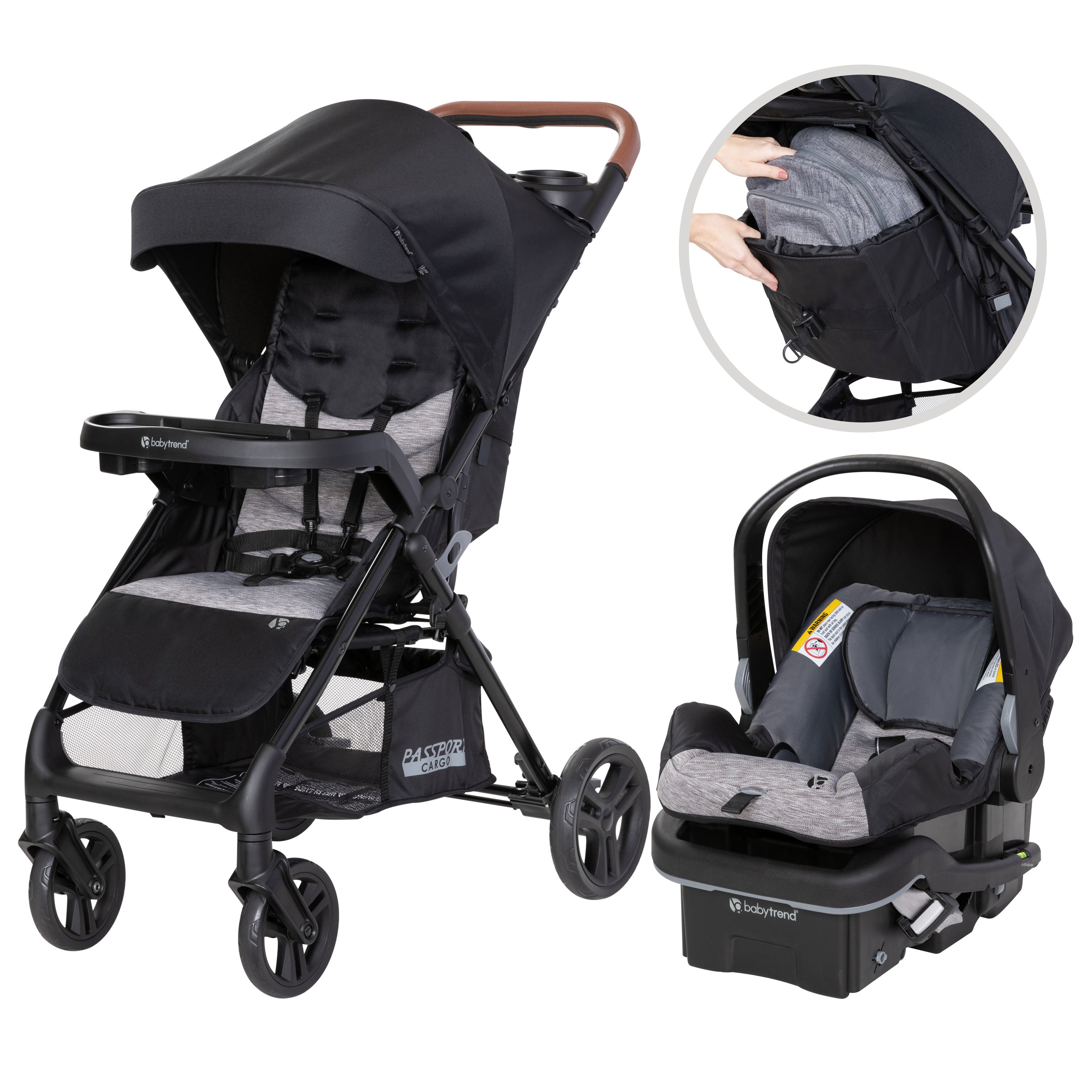Baby Trend Passport Cargo Stroller Travel System with EZ-Lift 35 PLUS Infant Car Seat with extra storage pouch on the back of child seat