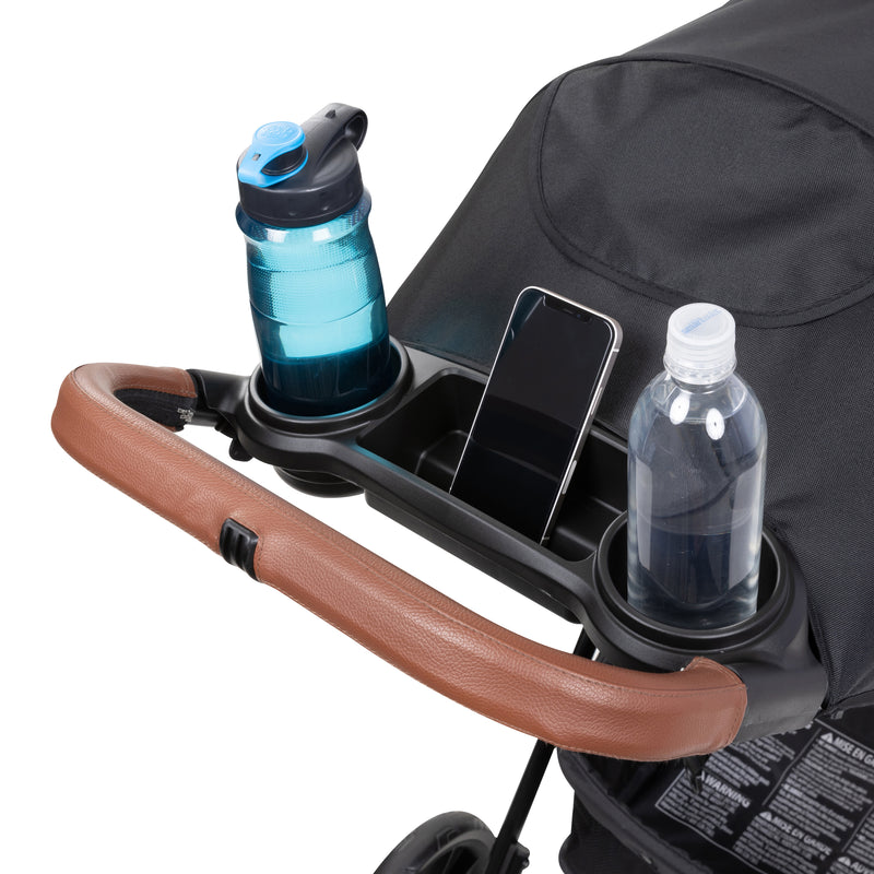 Baby Trend Passport Cargo Stroller Travel System parent tray with phone holder, leather handle bar