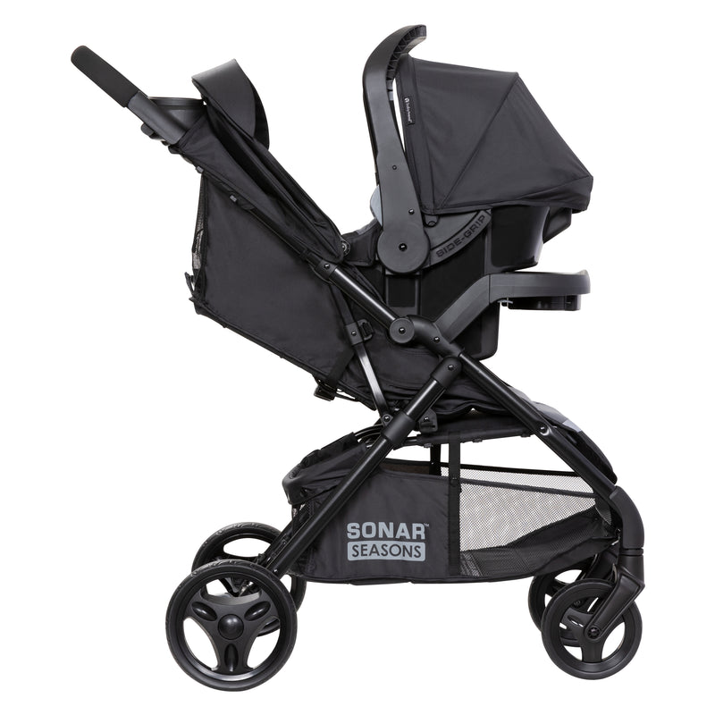 Side view of the stroller accepting the infant car seat from the Baby Trend Sonar Seasons Stroller Travel System with EZ-Lift 35 Infant Car Seat