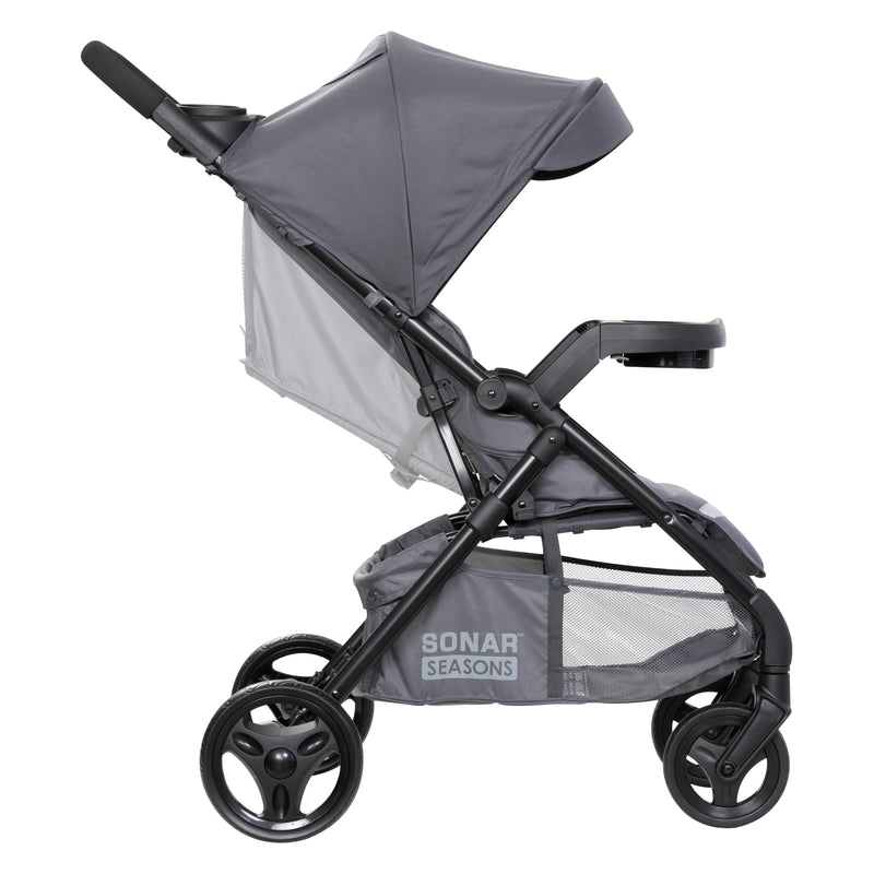 Baby Trend Sonar Seasons Stroller Travel System side view of reclining seat and canopy