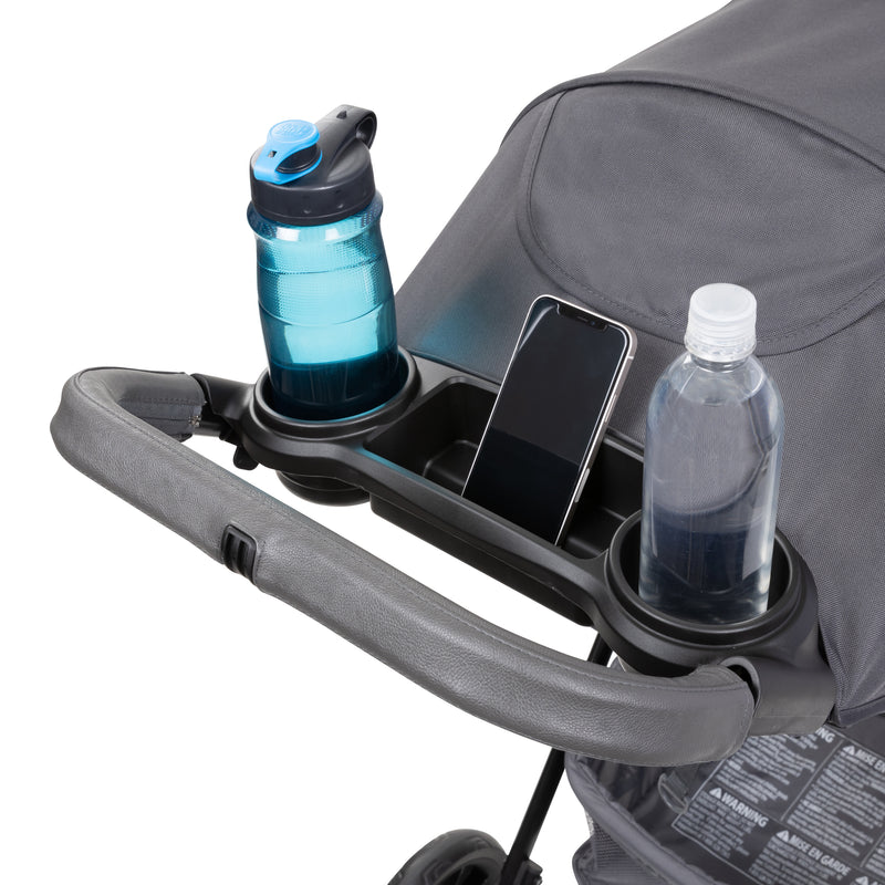 Baby Trend Passport Cargo Travel System with leather handle, parent tray with two cup holders and phone holder