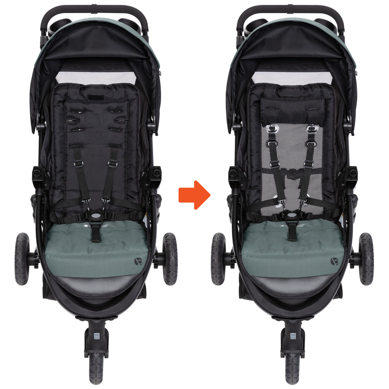 Child seat of the Baby Trend Passport Seasons All-Terrain Stroller Travel System convert into a mesh seat for air flow on the child back for comfort