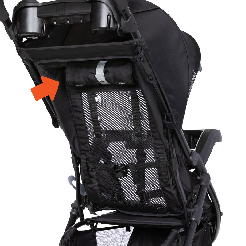 The back seat roll up and stored in the back creating a mesh seat for child on the Baby Trend Passport Seasons All-Terrain Stroller Travel System with EZ-Lift 35 PLUS Infant Car Seat