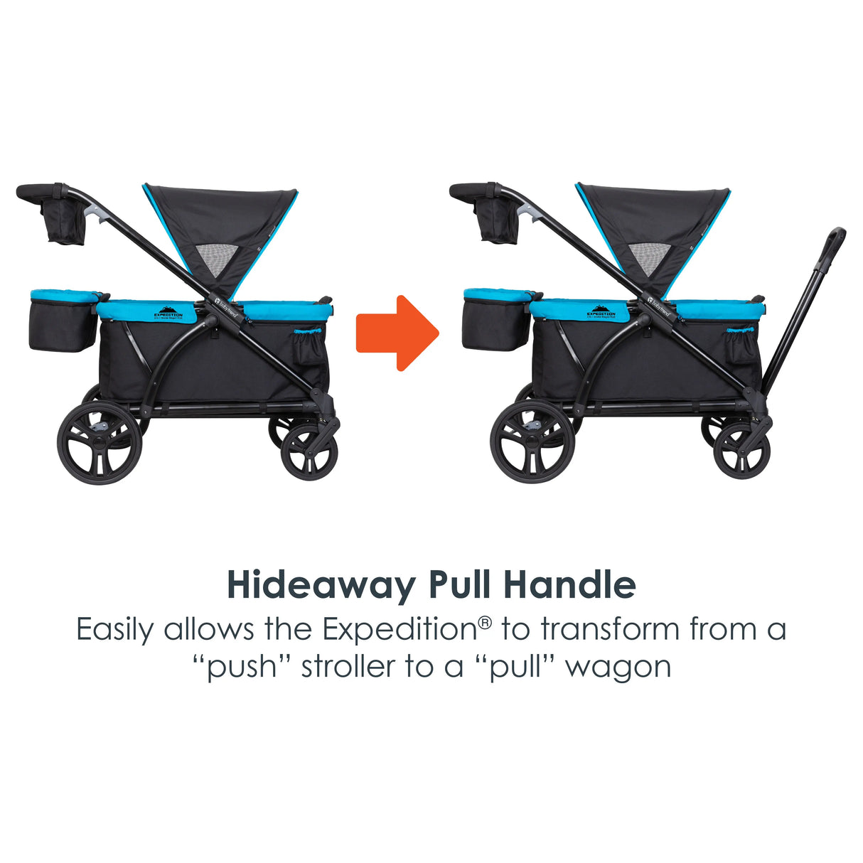 Baby Trend Expedition 2-in-1 Stroller Wagon PLUS has hideaway pull handle that easily allows the Wagon to transform from a push stroller to a pull wagon stroller