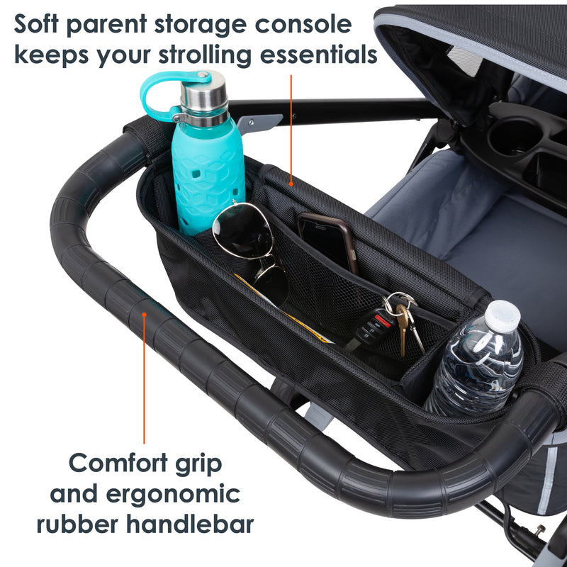 MUV by Baby Trend Expedition 2-in-1 Stroller Wagon PRO has soft parent storage console keeps parents strolling essentials, also included is the comfort grip and ergonomic rubber handle bar