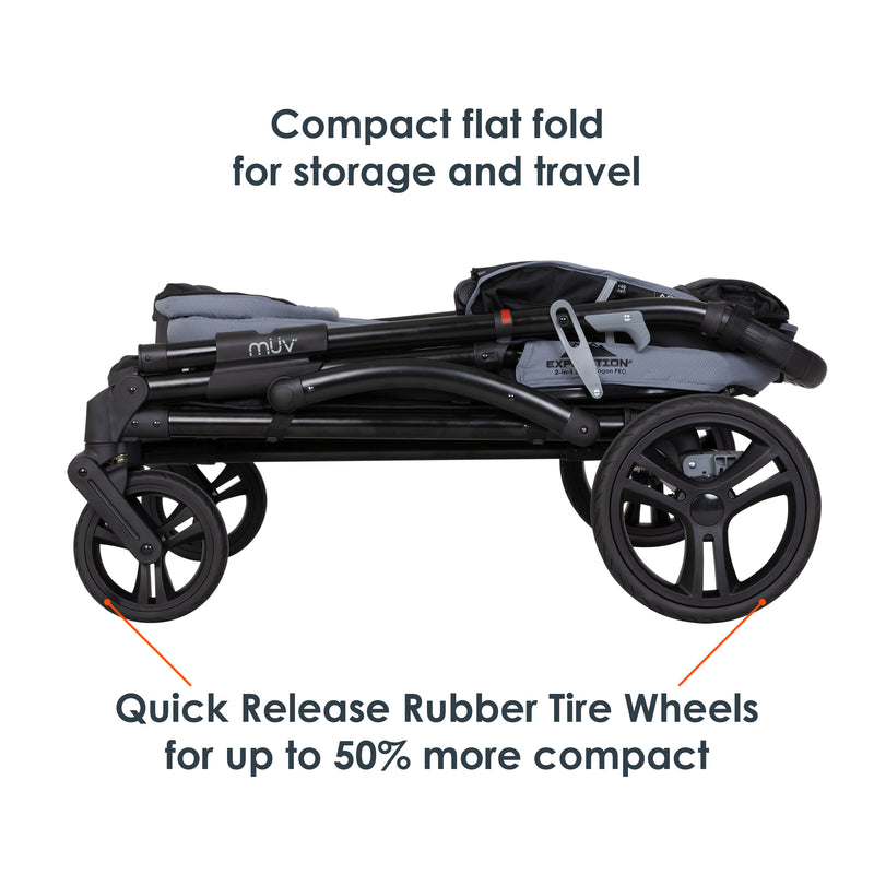 MUV by Baby Trend Expedition 2-in-1 Stroller Wagon PRO compact fold for storage and travel, the quick release rubber tire wheels remove for up to 50 percent more compact