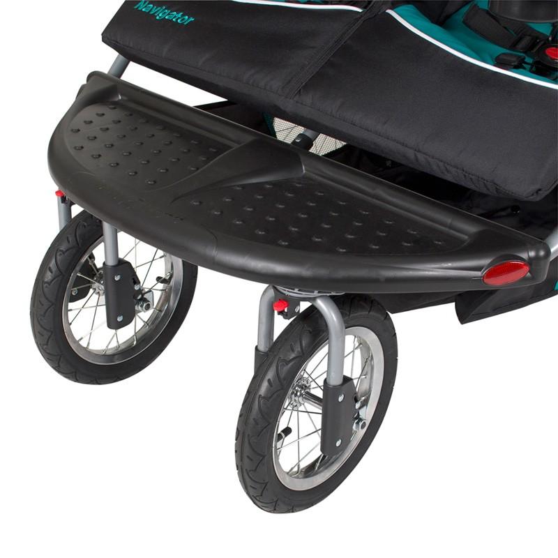 Foot rest and two front wheels of the Baby Trend Navigator Double Jogger Stroller
