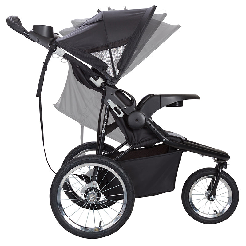 Baby Trend Quick Step Jogging Stroller has child reclining seat and ratcheting canopy for shades