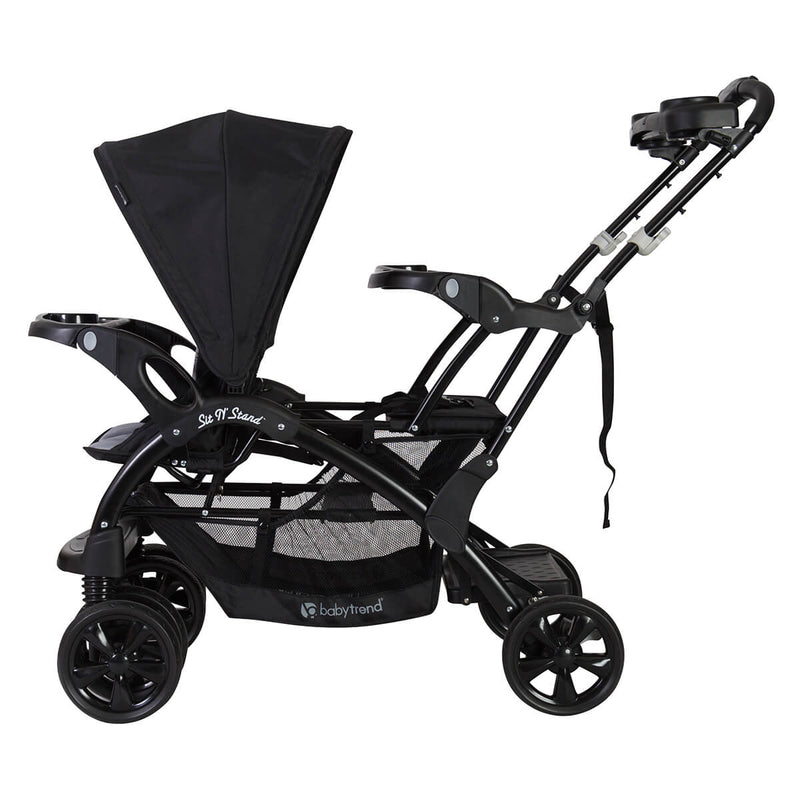 Baby Trend Sit N' Stand Double Stroller side view of the front seat and bench and stand on platform in the rear