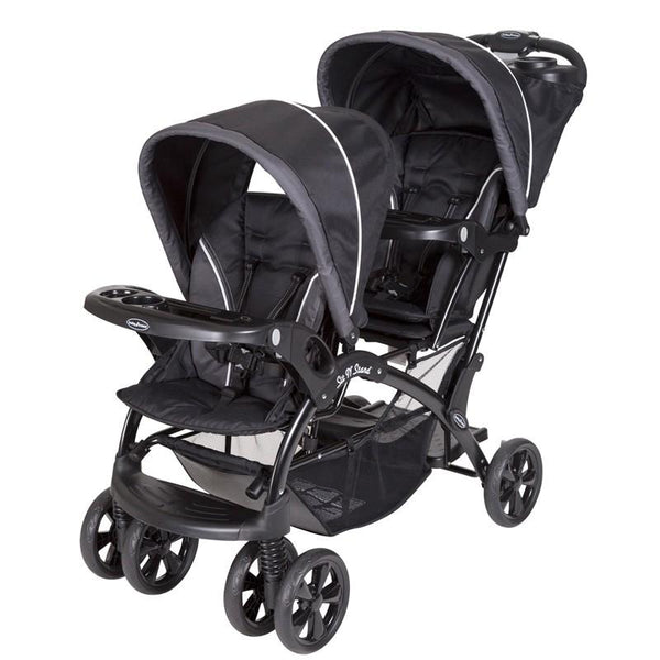 Baby Trend Sit N' Stand Double Stroller for two children or twins in black and grey