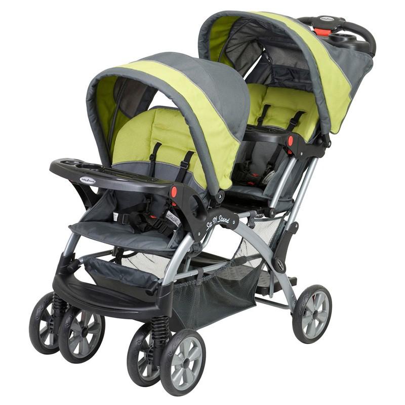 Baby Trend Sit N' Stand Double Stroller for two children or twins in green and neutral color